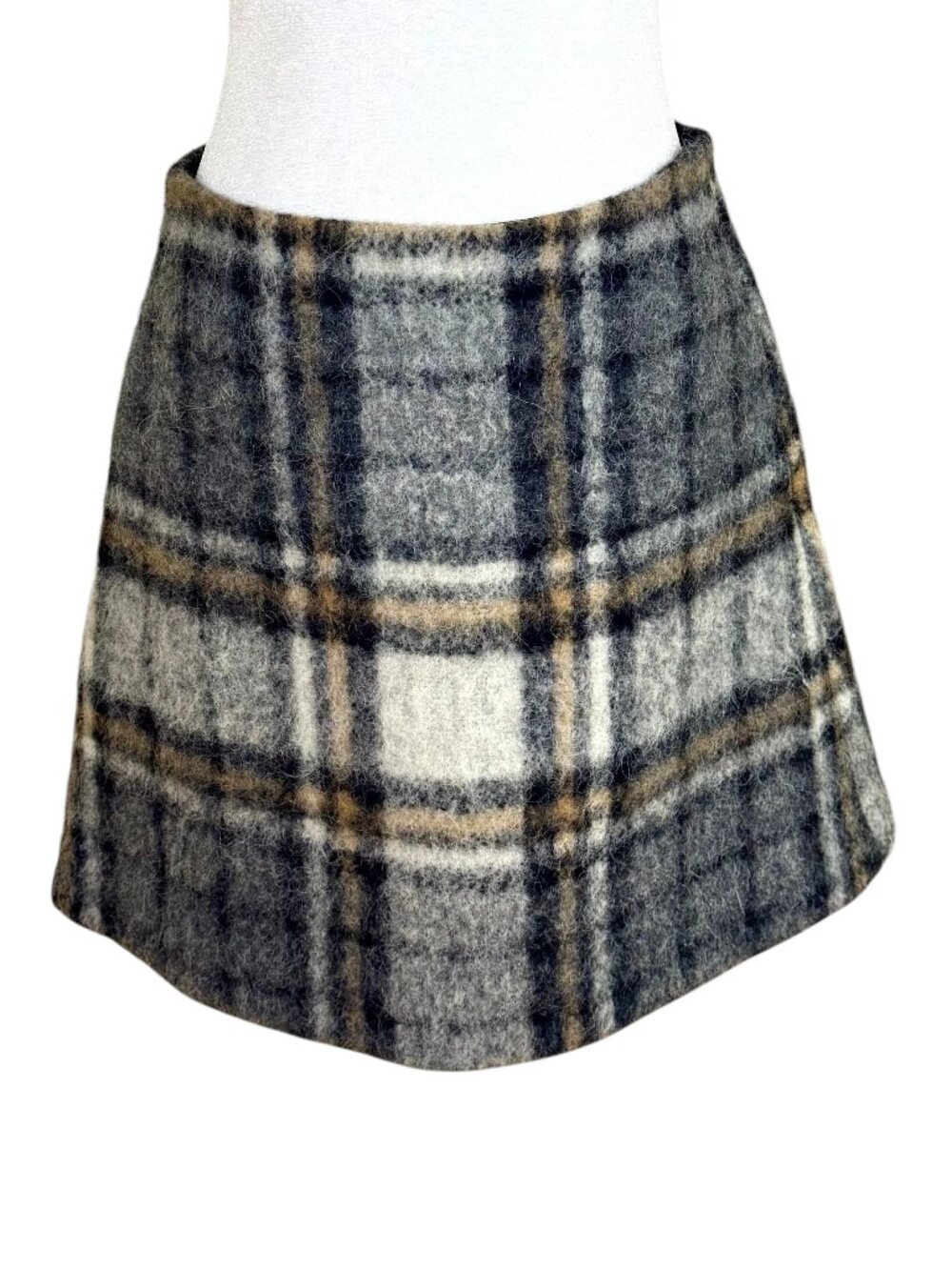 COS Plaid Skirt Wool Alpaca Mohair Blend Gray Black Brown A-Line (EU 38, ~M)